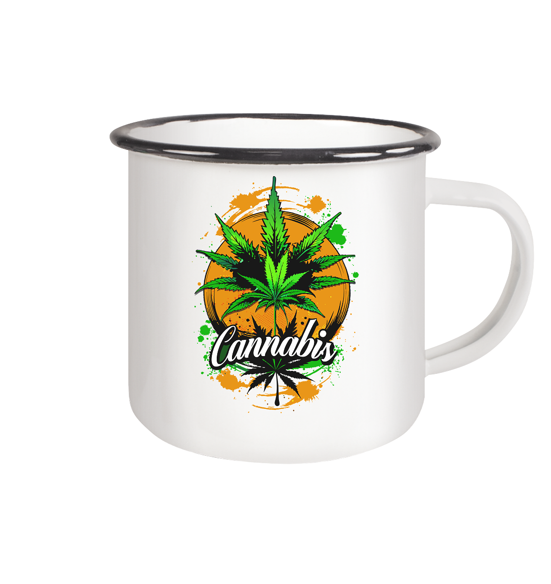 Orange Cannabis - Emaille Tasse (Schwarz)