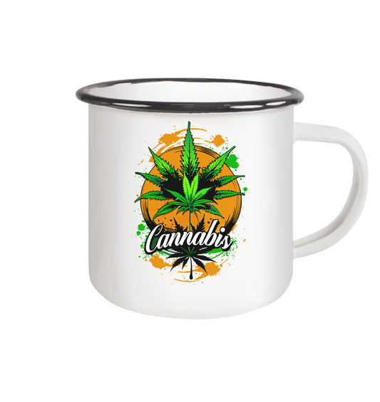 Orange Cannabis - Emaille Tasse (Schwarz)