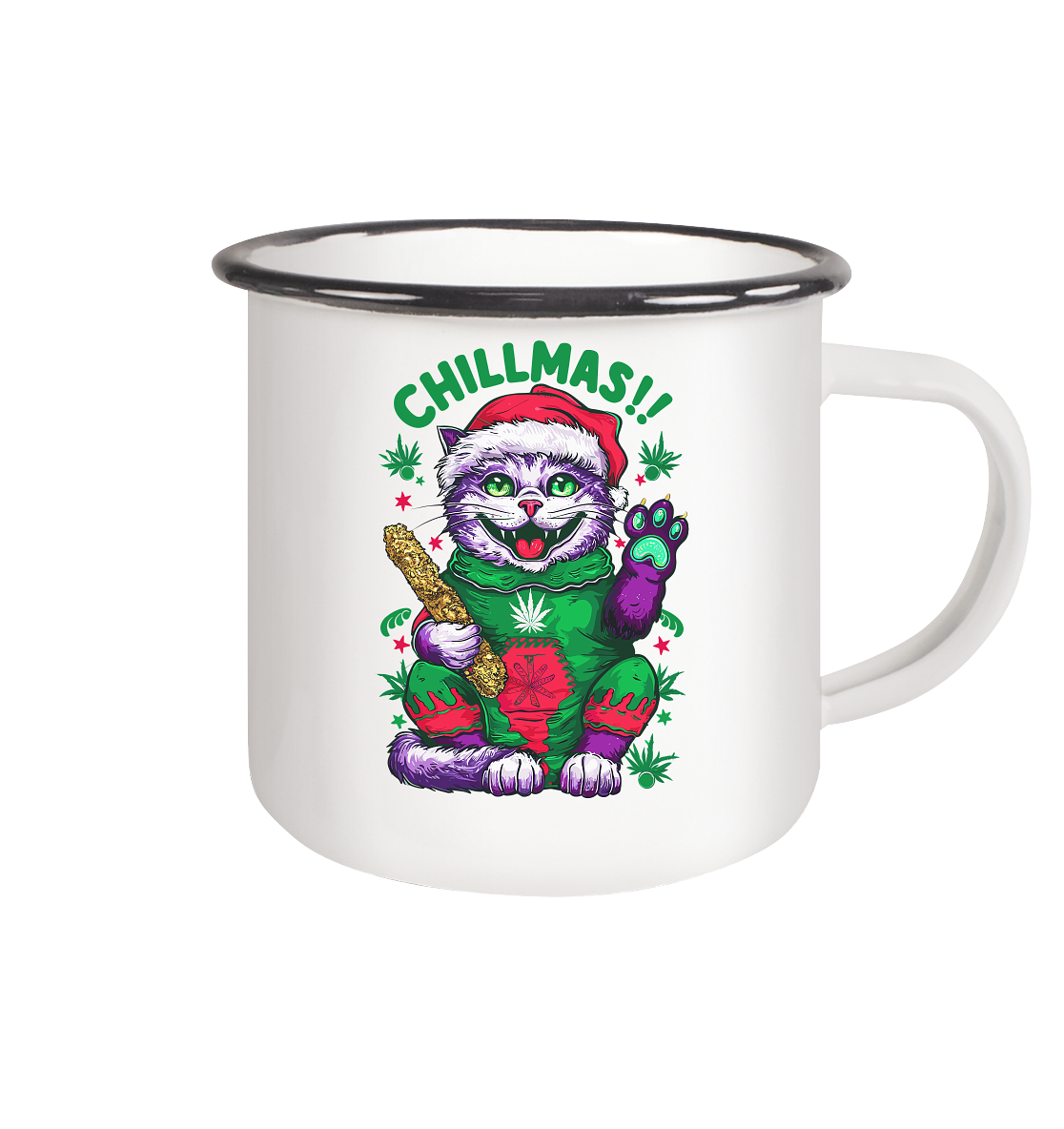 Chillmas Cat - Emaille Tasse (Schwarz)