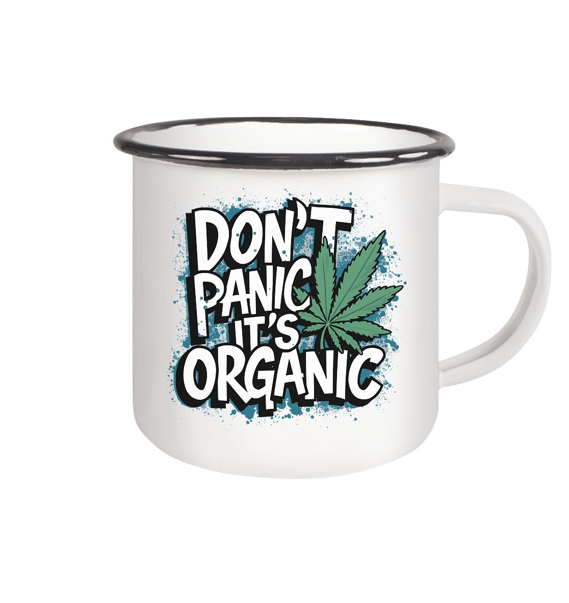 Don't Panic - Emaille Tasse (Schwarz)