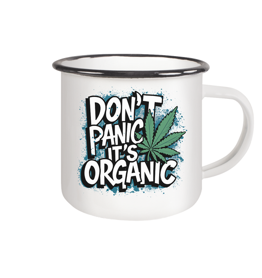 Don't Panic - Emaille Tasse (Schwarz)